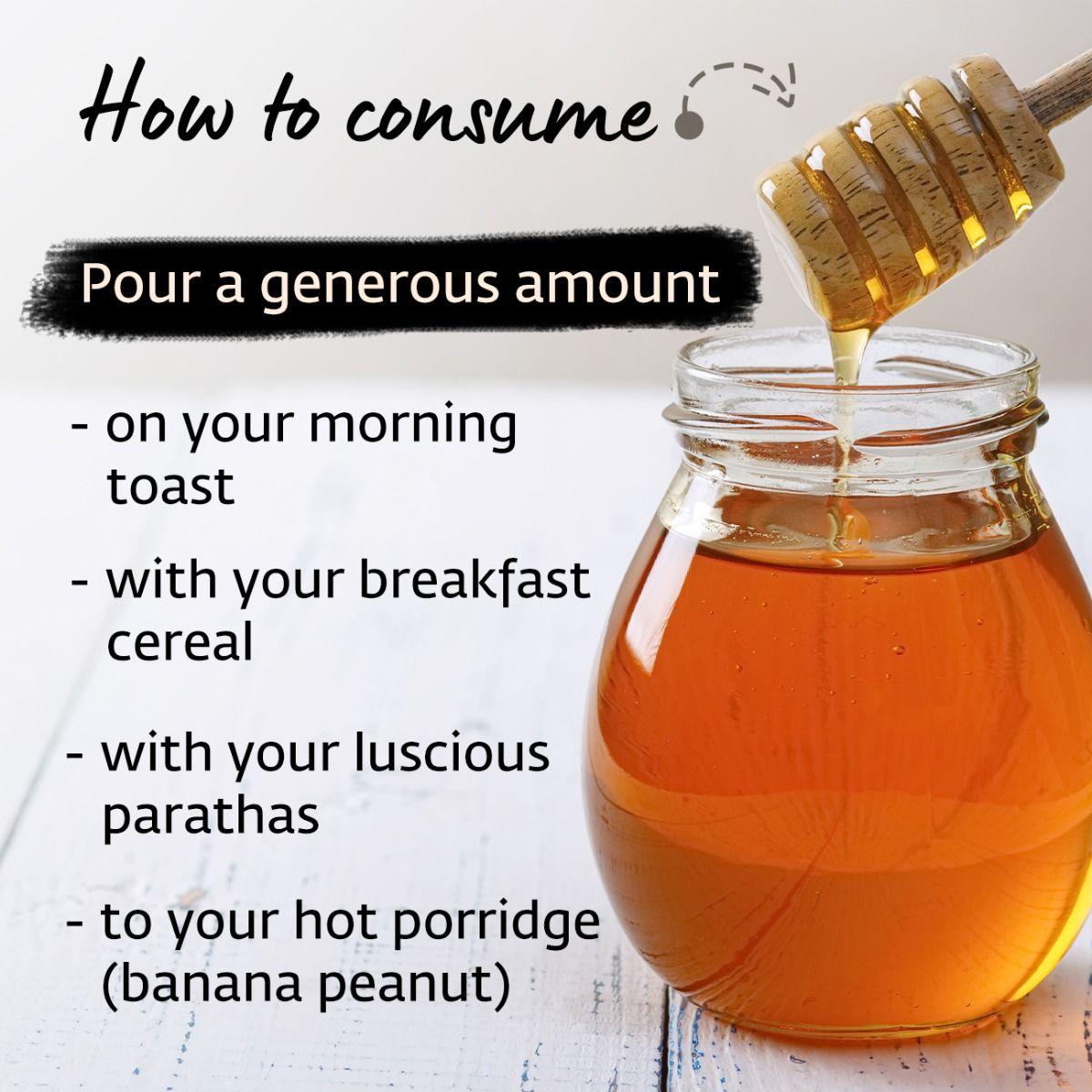 Picture of Isha Life Tulsi Honey (500gm). Processed and filtered. Honey mixed with Tulsi extracts. High in medicinal value. Suggested for cold related symptoms.  Good for Immunity